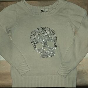 SO Women's Cream Sweater with Studded Skull Design